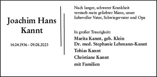 Traueranzeige von Joachim Hans Kannt von Darmstädter Echo