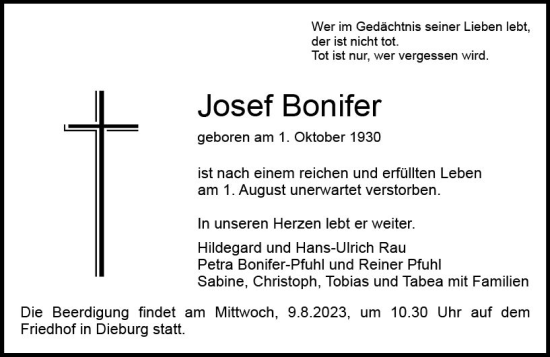Traueranzeige von Josef Bonifer von Dieburger Anzeiger/Groß-Zimmerner Lokal-Anzeiger