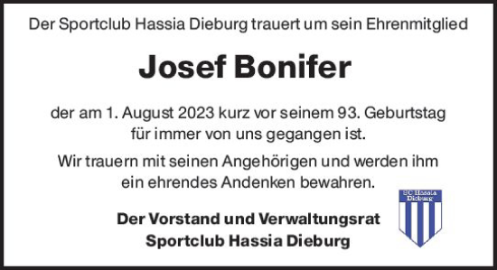 Traueranzeige von Josef Bonifer von Dieburger Anzeiger/Groß-Zimmerner Lokal-Anzeiger