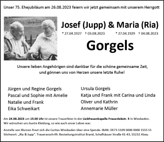 Traueranzeige von Josef Gorgels von Wiesbadener Kurier