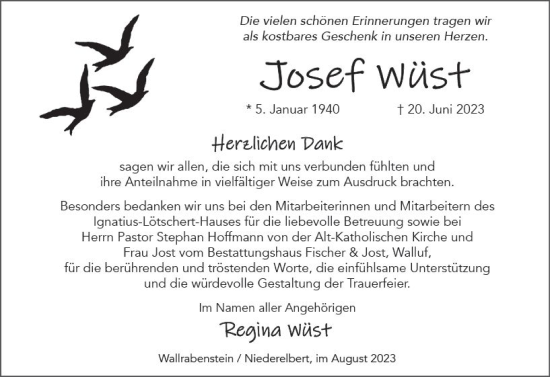Traueranzeige von Josef Wüst von Wiesbadener Kurier