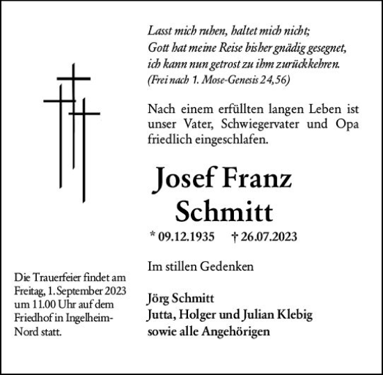 Traueranzeige von Josef Franz Schmitt von Bingen/Ingelheim WOBL inkl. Neue Binger Ztg.
