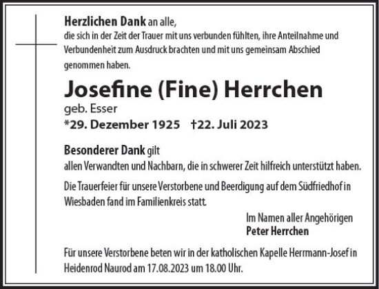 Traueranzeige von Josefine  Herrchen von Wiesbadener Kurier