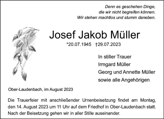 Traueranzeige von Josef Jakob Müller von Starkenburger Echo
