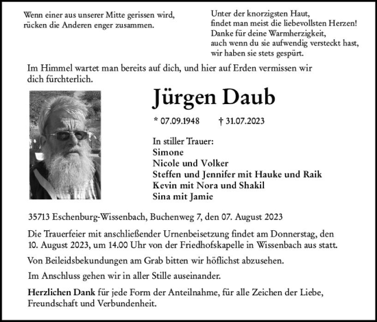 Traueranzeige von Jürgen Daub von Dill Block