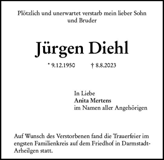 Traueranzeige von Jürgen Diehl von Darmstädter Echo