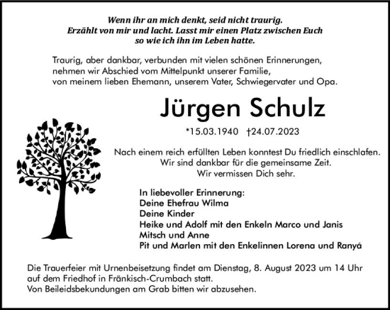 Traueranzeige von Jürgen Schulz von Odenwälder Echo