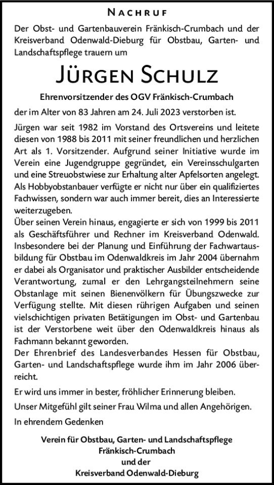 Traueranzeige von Jürgen Schulz von Odenwälder Echo