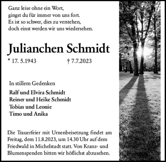 Traueranzeige von Julianchen Schmidt von Darmstädter Echo