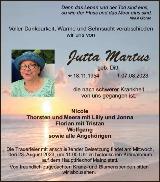 Traueranzeige von Jutta Martus von Allgemeine Zeitung Mainz