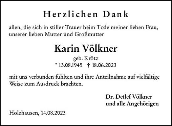 Traueranzeige von Karin Völkner von Hinterländer Anzeiger