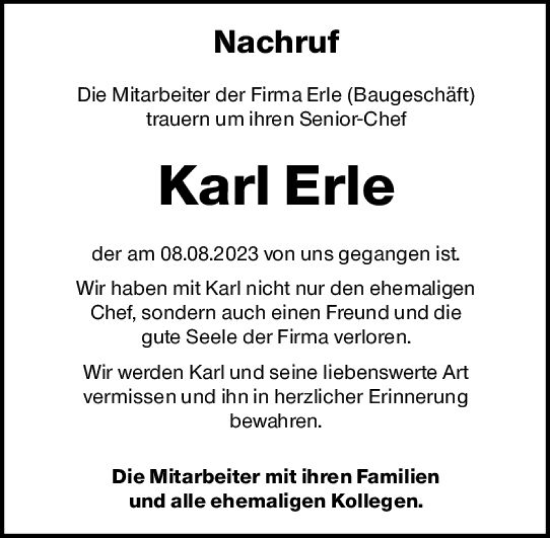 Traueranzeige von Karl Erle von Odenwälder Echo