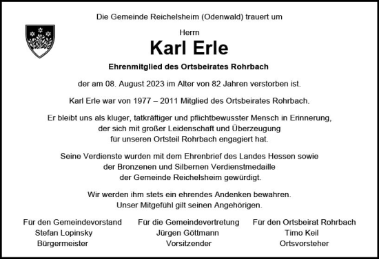 Traueranzeige von Karl Erle von Odenwälder Echo