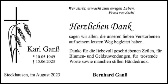 Traueranzeige von Karl Ganß von Oberhessen Kurier