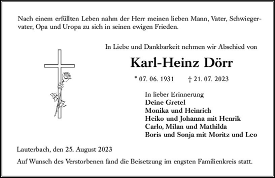 Traueranzeige von Karl-Heinz Dörr von VRM Trauer