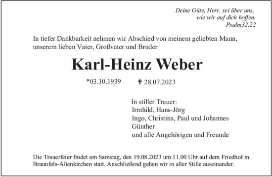 Traueranzeige von Karl-Heinz Weber von Wetzlarer Neue Zeitung