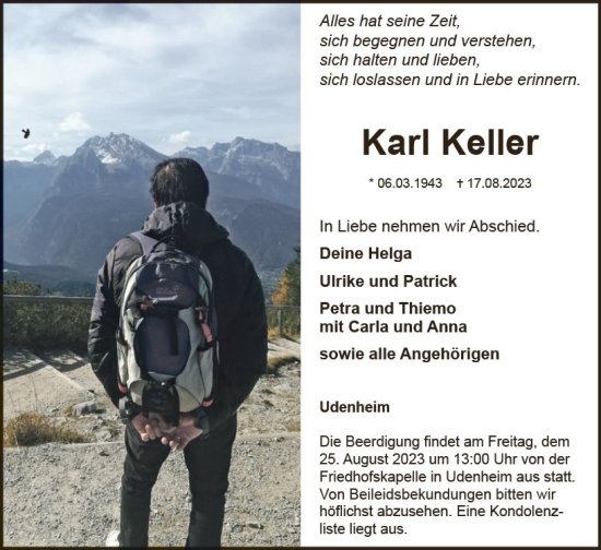 Traueranzeige von Karl Keller von Allgemeine Zeitung Alzey