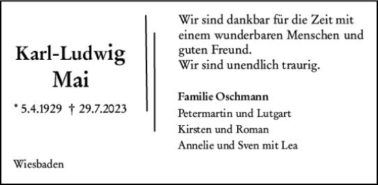 Traueranzeige von Karl-Ludwig Mai von Wiesbadener Kurier