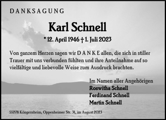 Traueranzeige von Karl Schnell von Allgemeine Zeitung Mainz