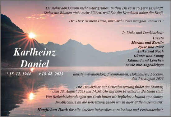 Traueranzeige von Karlheinz Daniel von Dill Block