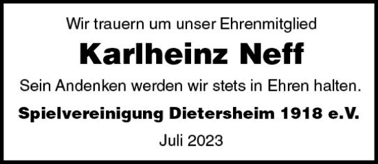 Traueranzeige von Karlheinz Neff von Allgemeine Zeitung Bingen/Ingelheim