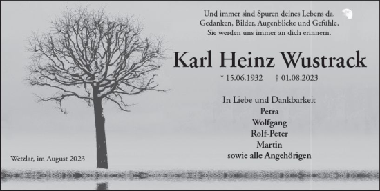 Traueranzeige von Karl Heinz Wustrack von Wetzlarer Neue Zeitung