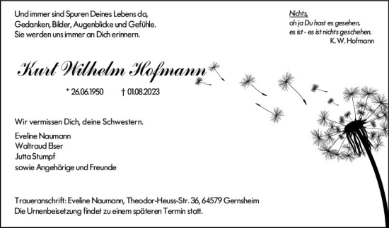 Traueranzeige von Kurt Wilhelm Hofmann von Darmstädter Echo