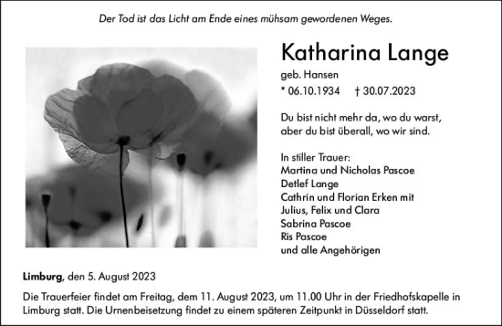 Traueranzeige von Katharina Lange von Nassauische Neue Presse