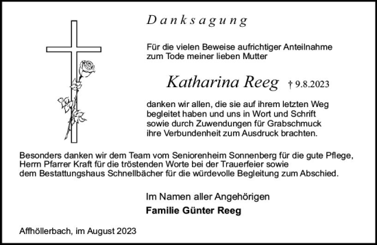 Traueranzeige von Katharina Reeg von Odenwälder Echo