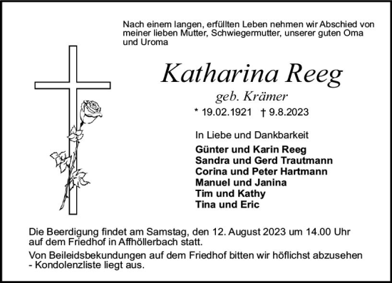 Traueranzeige von Katharina Reeg von Odenwälder Echo