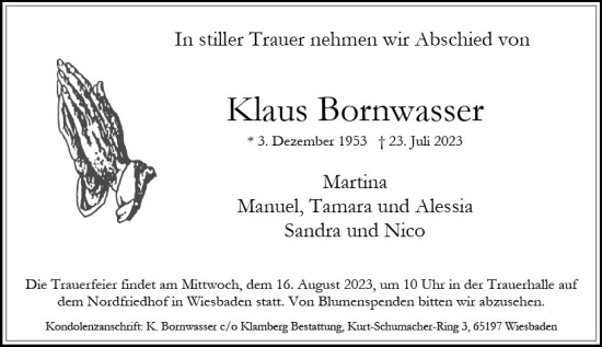 Traueranzeige von Klaus Bormwasser von Wiesbadener Kurier