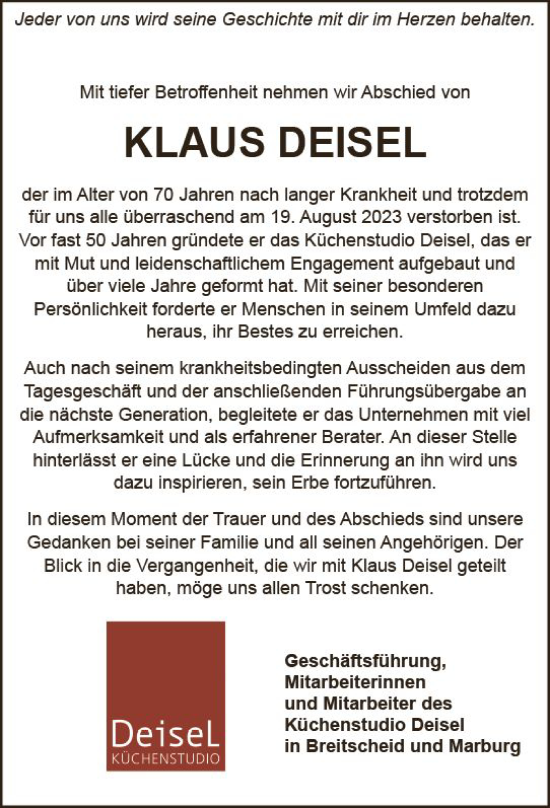Traueranzeige von Klaus Deisel von Dill Block