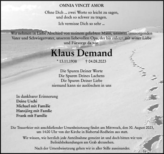 Traueranzeige von Klaus Demand von Wetzlarer Neue Zeitung