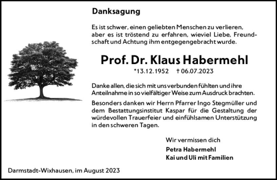 Traueranzeige von Klaus Habermehl von Darmstädter Echo