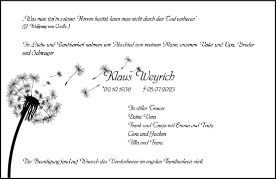 Traueranzeige von Klaus Weyrich von Wormser Zeitung