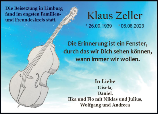 Traueranzeige von Klaus Zeller von Nassauische Neue Presse