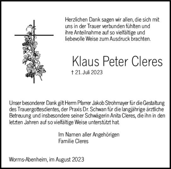 Traueranzeige von Klaus Peter Cleres von Wormser Zeitung