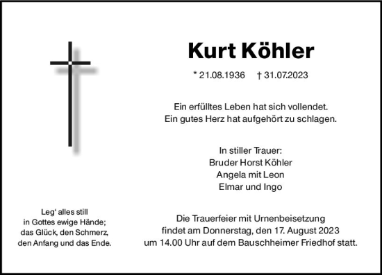 Traueranzeige von Kurt Köhler von Rüsselsheimer Echo