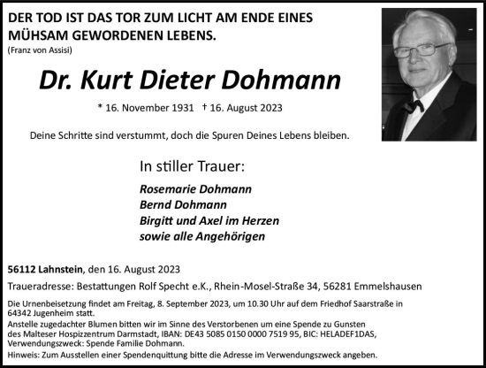 Traueranzeige von Kurt Dieter Dohmann von Darmstädter Echo