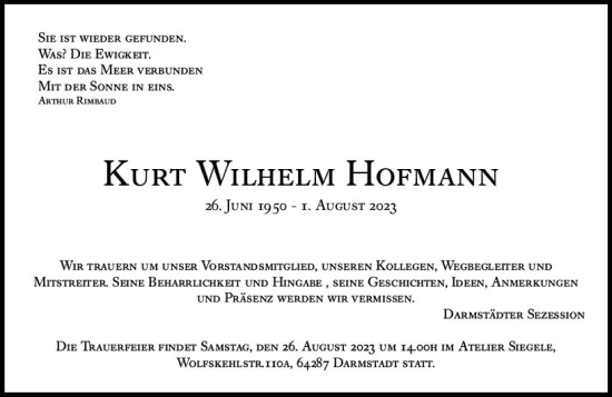 Traueranzeige von Kurt Wilhelm Hofmann von Darmstädter Echo