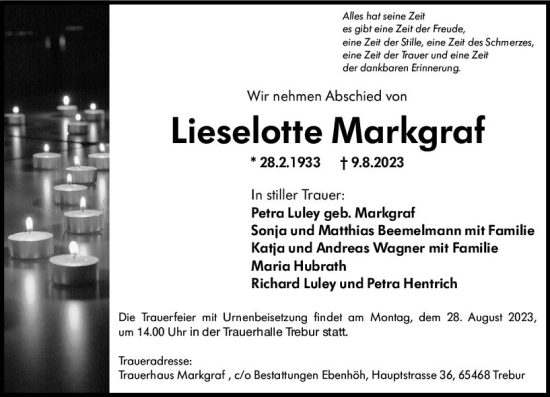 Traueranzeige von Lieselotte Markgraf von Rüsselsheimer Echo
