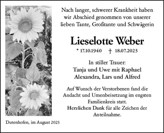 Traueranzeige von Lieselotte Weber von Wetzlarer Neue Zeitung