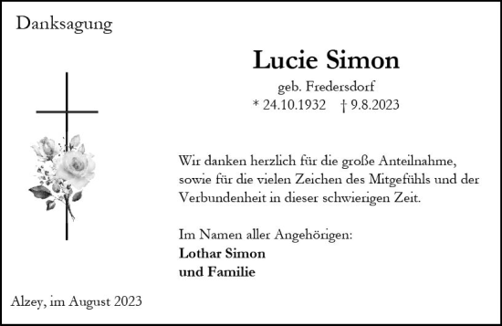 Traueranzeige von Lucie Simon von Allgemeine Zeitung Alzey