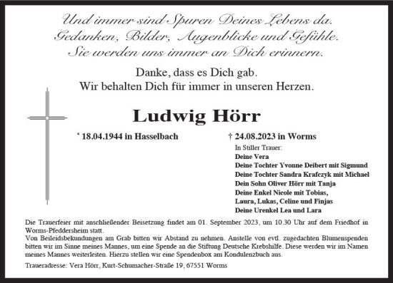 Traueranzeige von Ludwig Hörr von Wormser Zeitung