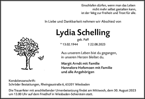 Traueranzeige von Lydia Schelling von Wiesbadener Kurier