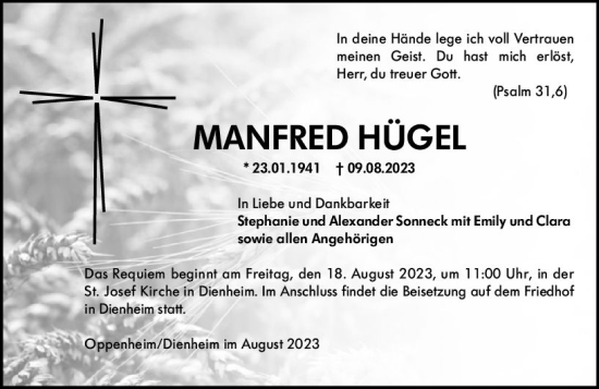Traueranzeige von Manfred Hügel von Allgemeine Zeitung Mainz