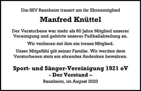 Traueranzeige von Manfred Knüttel von Rüsselsheimer Echo