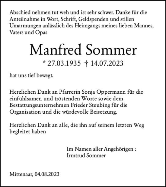 Traueranzeige von Manfred Sommer von Dill Block