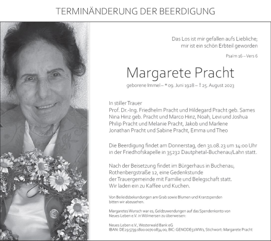 Traueranzeige von Margarete Pracht von Hinterländer Anzeiger