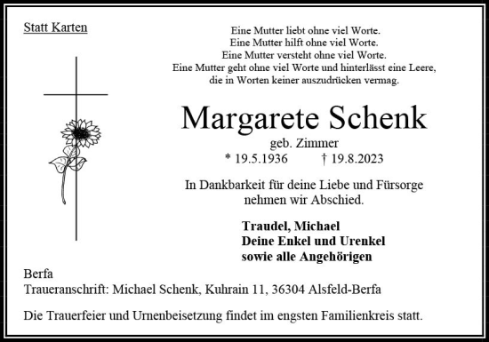 Traueranzeige von Margarete Schenk von Oberhessen Kurier